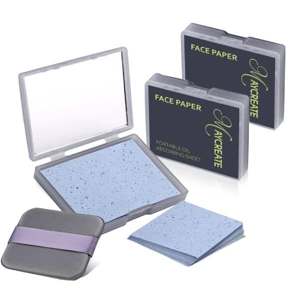 MAYCREATE® 2Pcs 100 Oil Blotting Paper for Oily Skin, Natural Linen Absorbing Sheets with Built-in Mirror & Puff, Portable Case for Face, Nose, Men & Women, Makeup Friendly, Shine Control MAYCREATE® 2Pcs 100 Oil Blotting Paper for Oily Skin, Natural Linen Absorbing Sheets with Built-in Mirror & Puff, Portable Case for Face, Nose, Men & Women, Makeup Friendly, Shine Control